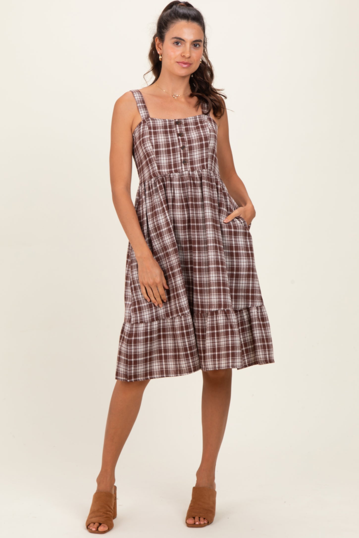 Brown Plaid Square Neck Dress