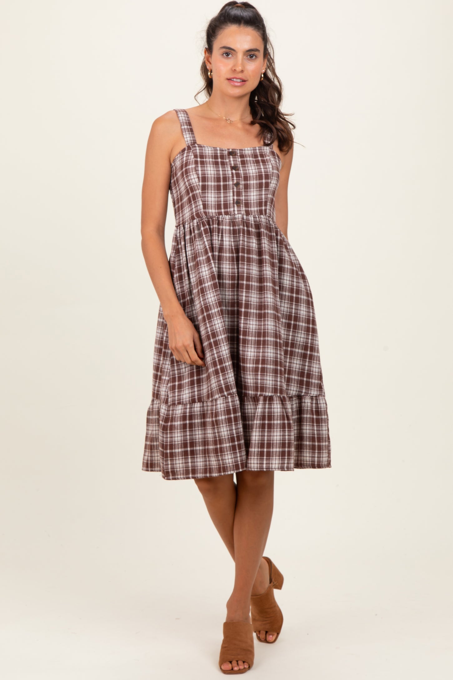 Brown Plaid Square Neck Dress