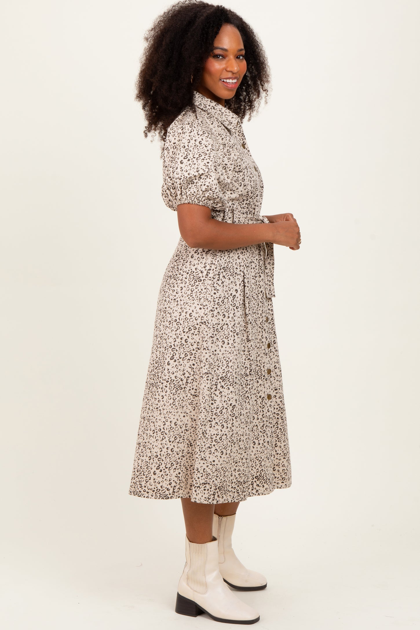 Cream Floral Button Front Waist Tie Midi Dress