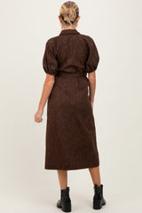 Brown Floral Button Front Waist Tie Maternity Midi Dress