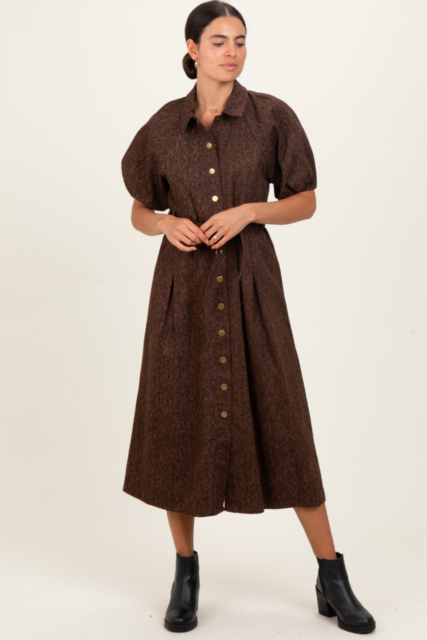 Brown Floral Button Front Waist Tie Midi Dress