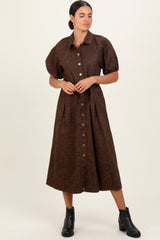 Brown Floral Button Front Waist Tie Midi Dress