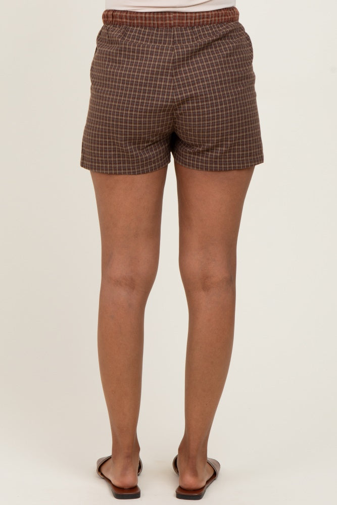 Brown Plaid Drawstring Button Accent Maternity Shorts