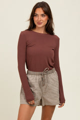 Taupe Plaid Drawstring Button Accent Shorts