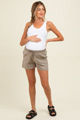 Taupe Plaid Drawstring Button Accent Maternity Shorts