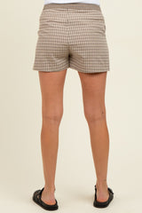 Taupe Plaid Drawstring Button Accent Maternity Shorts