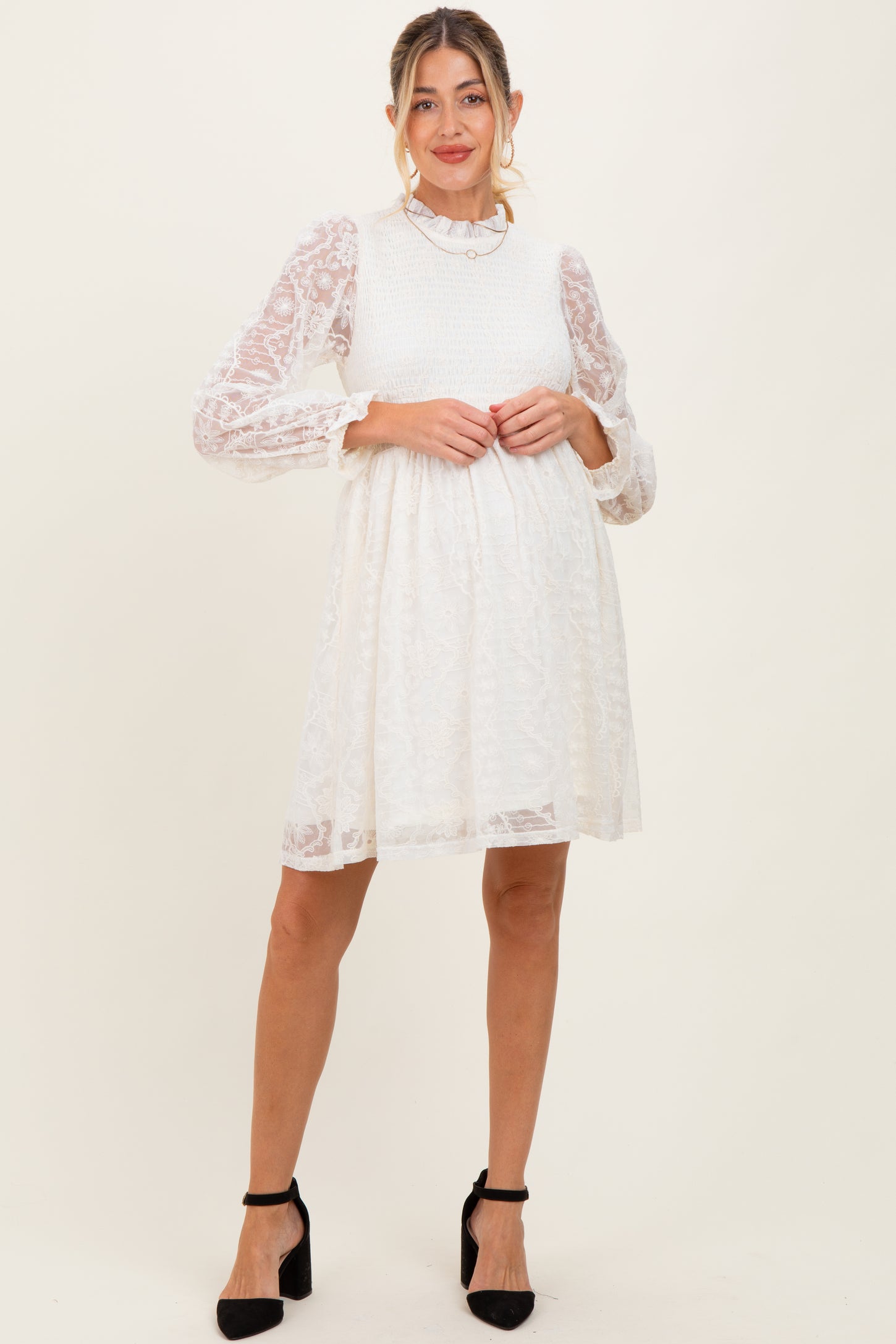 Cream Lace Smocked Long Sleeve Maternity Dress