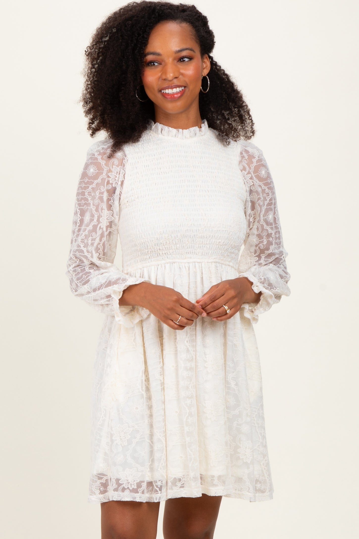 Cream Lace Smocked Long Sleeve Dress