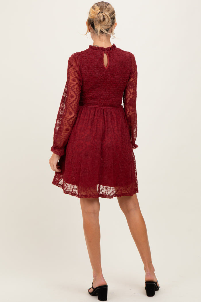 Red Lace Smocked Long Sleeve Maternity Dress
