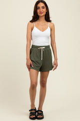 Olive Ribbed Texture Drawstring Shorts