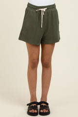 Olive Ribbed Texture Drawstring Shorts
