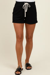 Black Ribbed Texture Drawstring Maternity Shorts