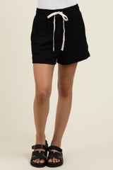 Black Ribbed Texture Drawstring Shorts