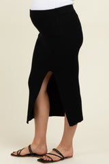 Black Ribbed Knit Side Slit Maternity Midi Skirt