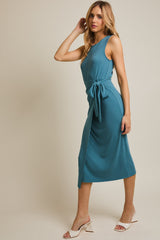 Teal Sleeveless Wrap Tie Waist Midi Dress