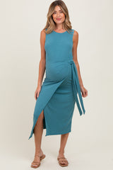 Teal Sleeveless Wrap Tie Waist Maternity Midi Dress