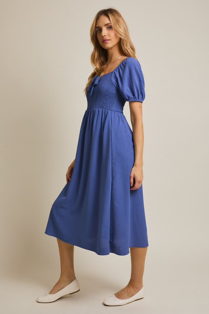 Navy Blue Smocked Square Neck Bow Detail Midi Dress