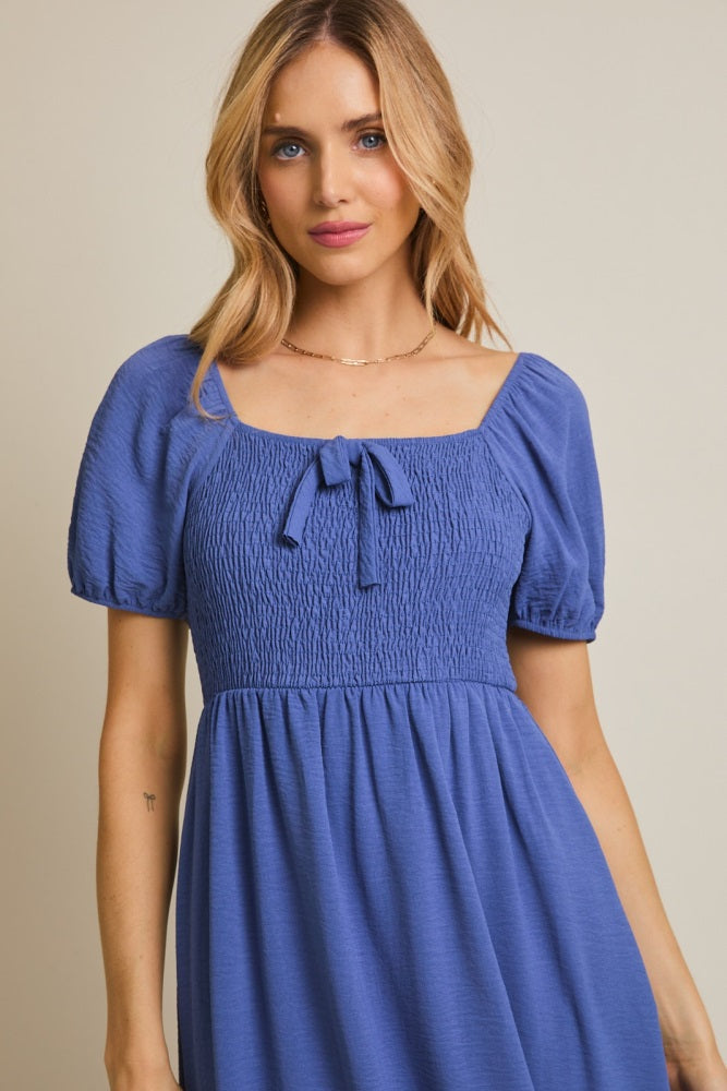 Navy Blue Smocked Square Neck Bow Detail Midi Dress