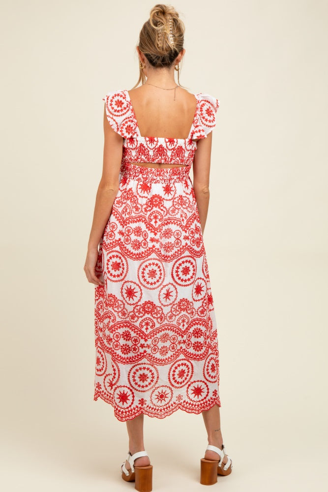 Red Embroidered Smocked Cutout Maternity Midi Dress