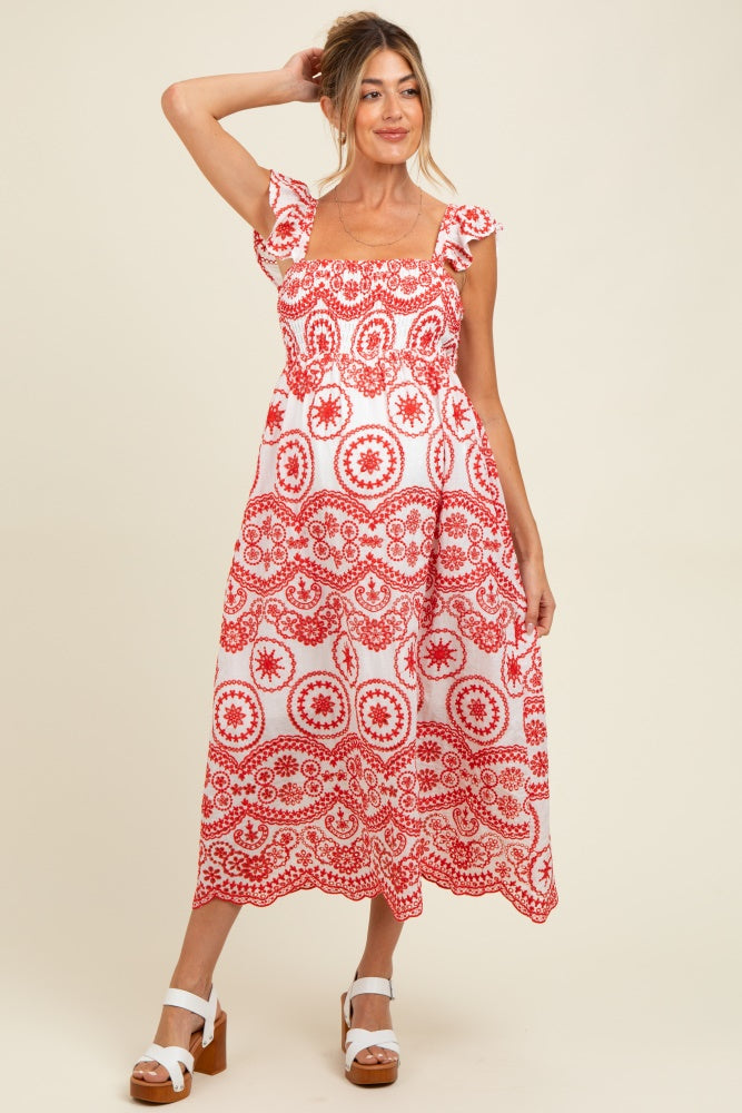 Red Embroidered Smocked Cutout Maternity Midi Dress