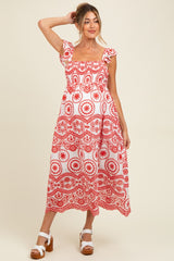 Red Embroidered Smocked Cutout Maternity Midi Dress