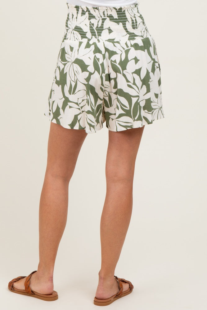 Light Olive Floral Smocked Waist Shorts