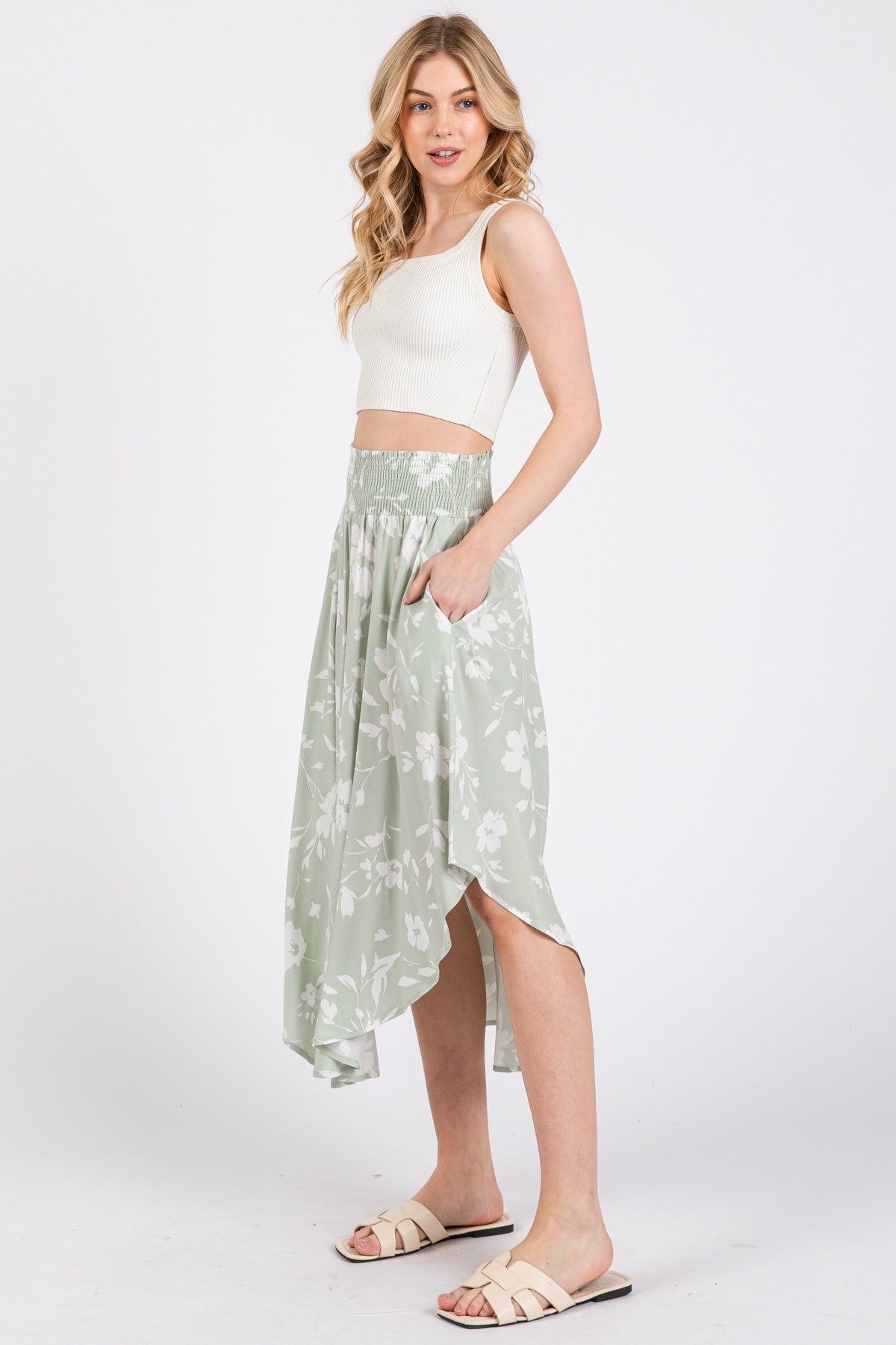 Light Olive Floral Smocked Waist Round Hem Midi Skirts