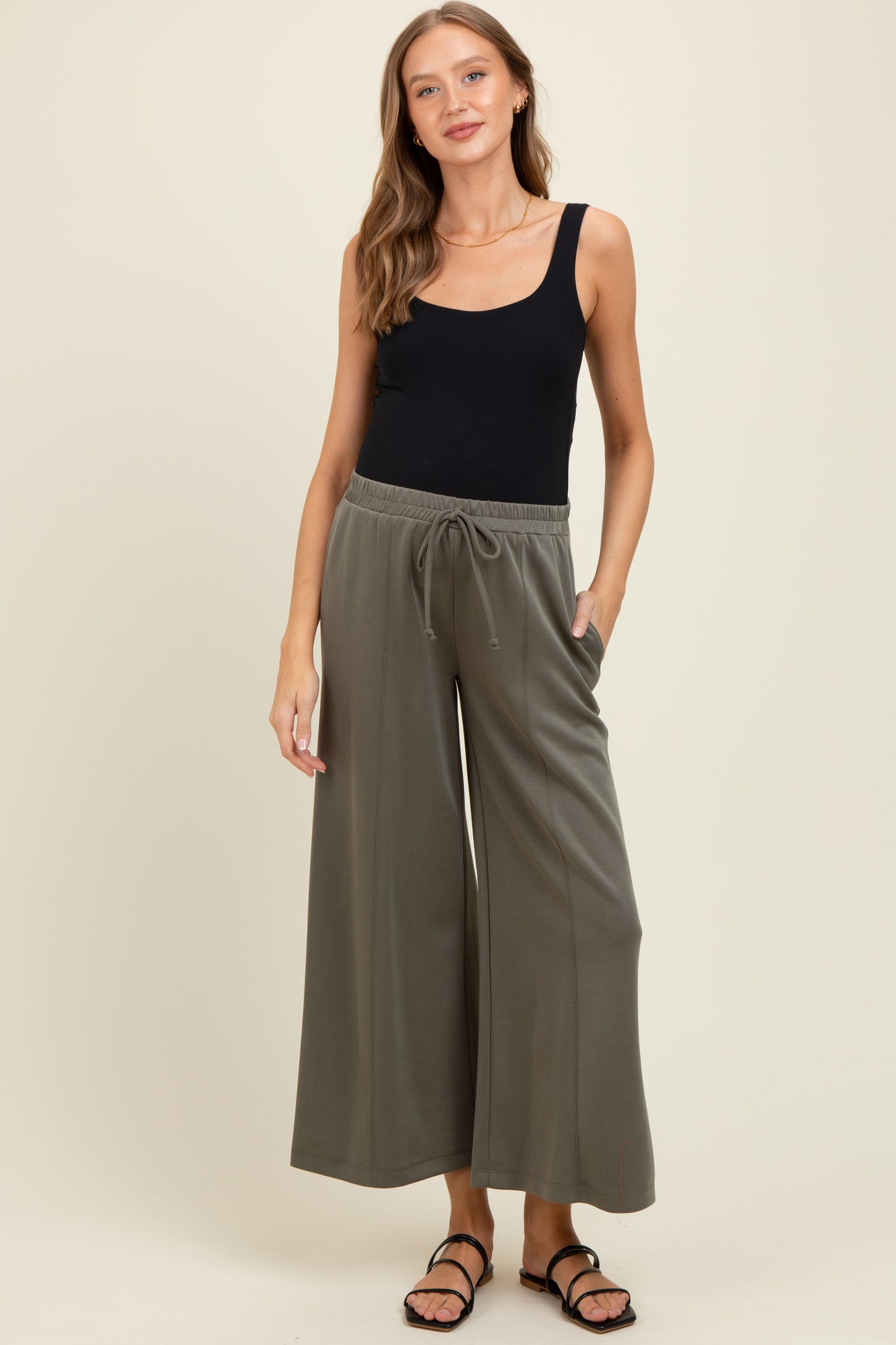 Olive Drawstring Wide Leg Maternity Pants