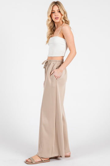 Beige Drawstring Wide Leg Pants