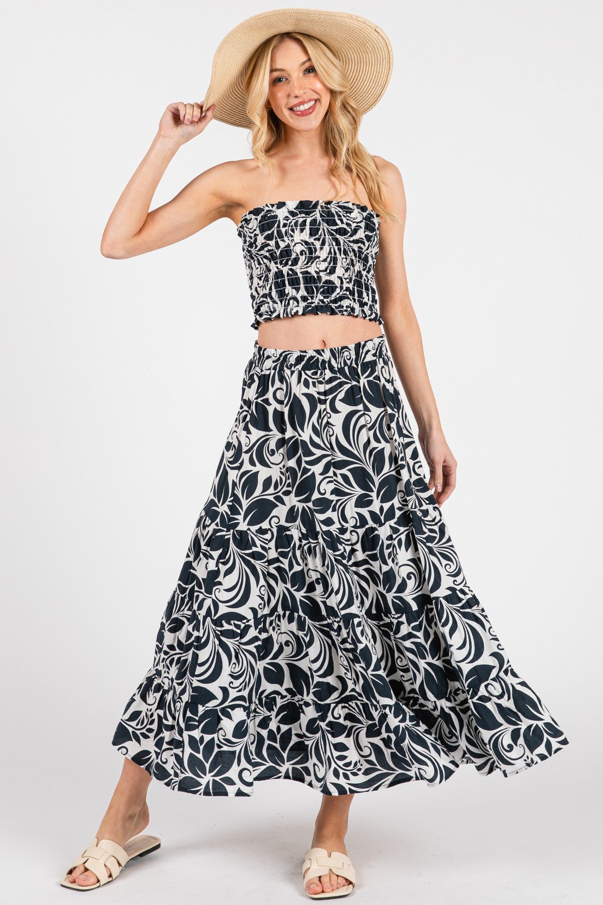 Charcoal Floral Tiered Maxi Skirt