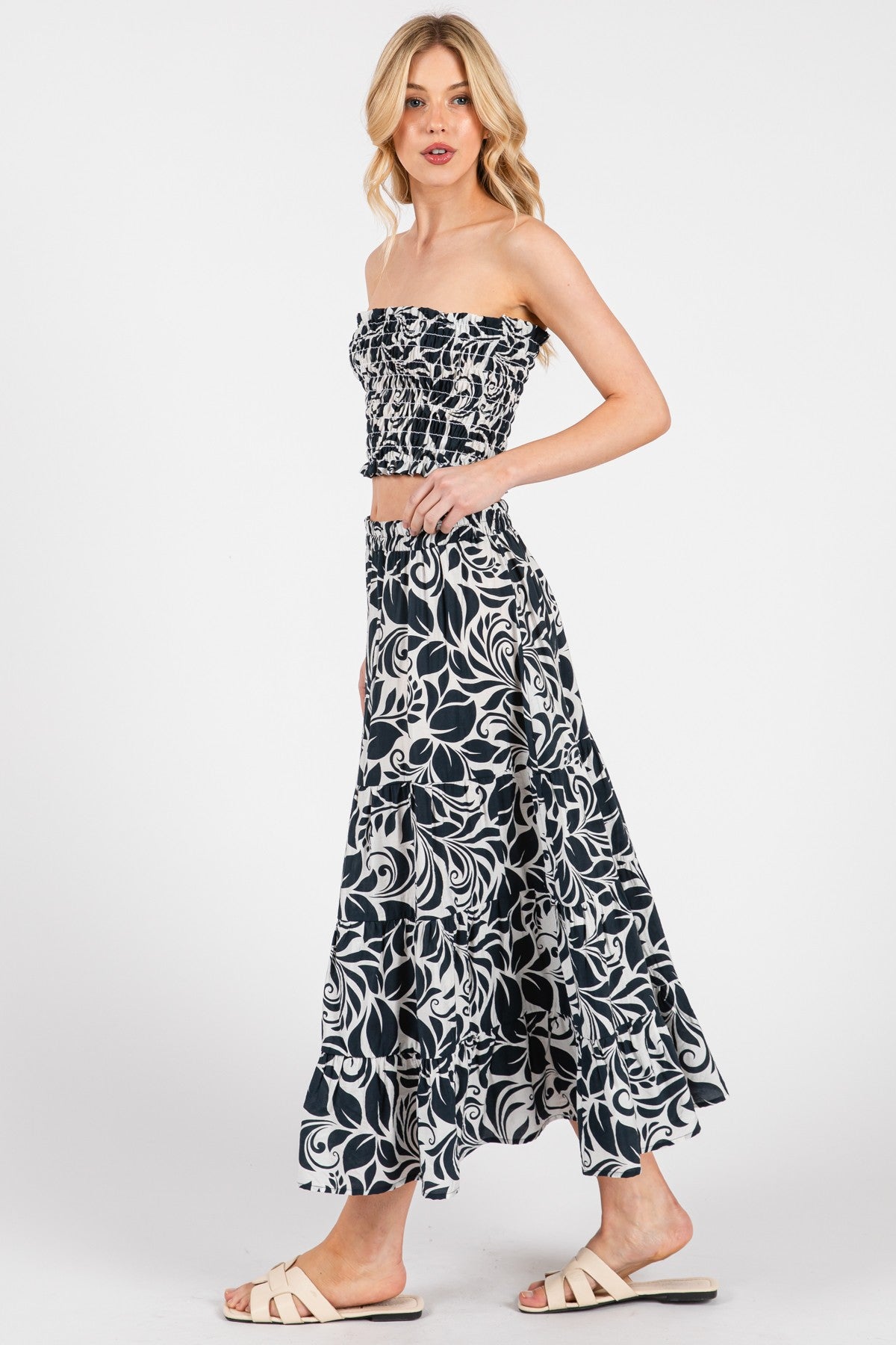 Charcoal Floral Tiered Maxi Skirt