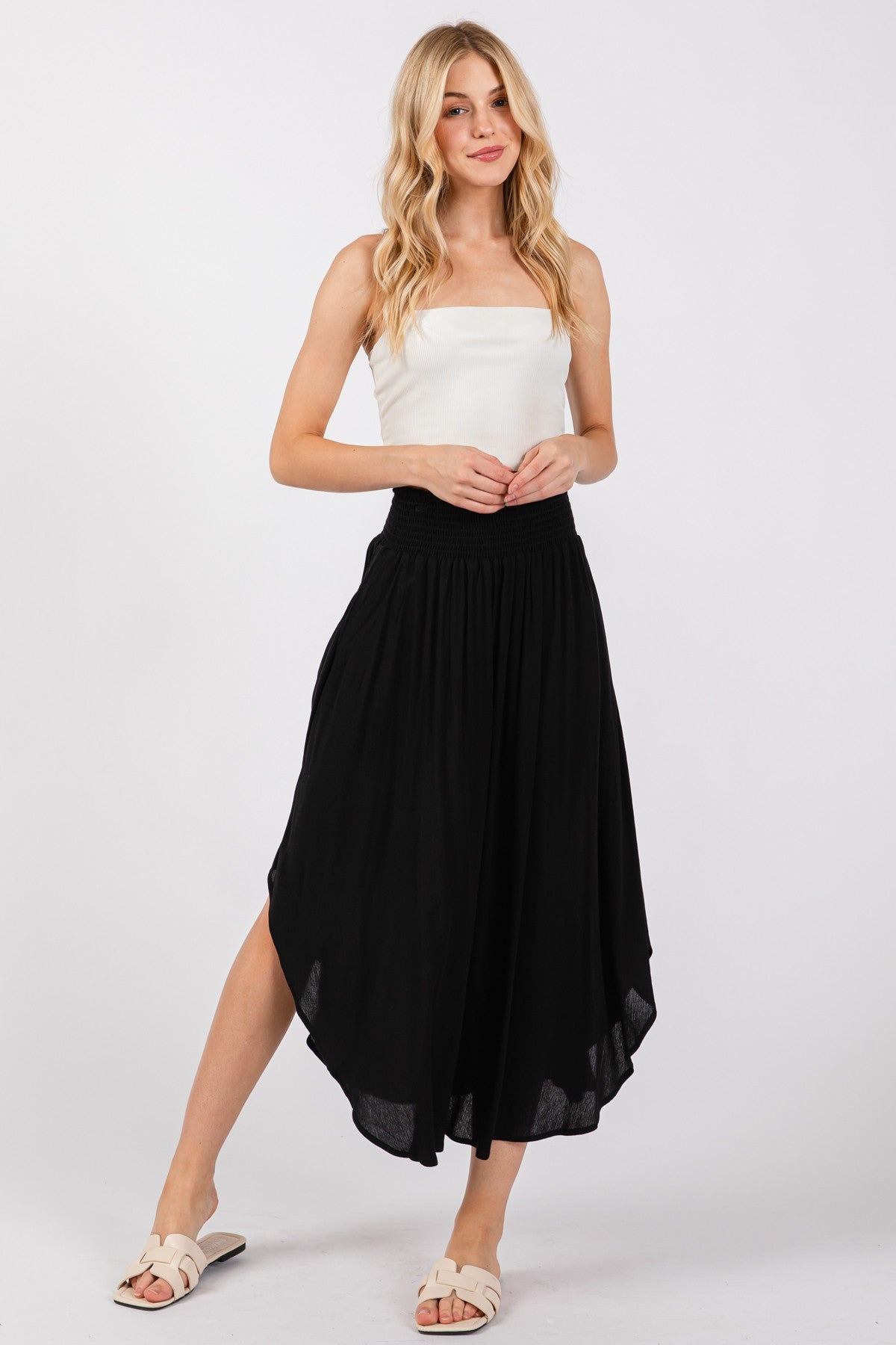 Black Smocked Waist Rounded Hem Maternity Skirt