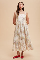 Cream Floral Textured Cotton Lace Trim Maxi Dress