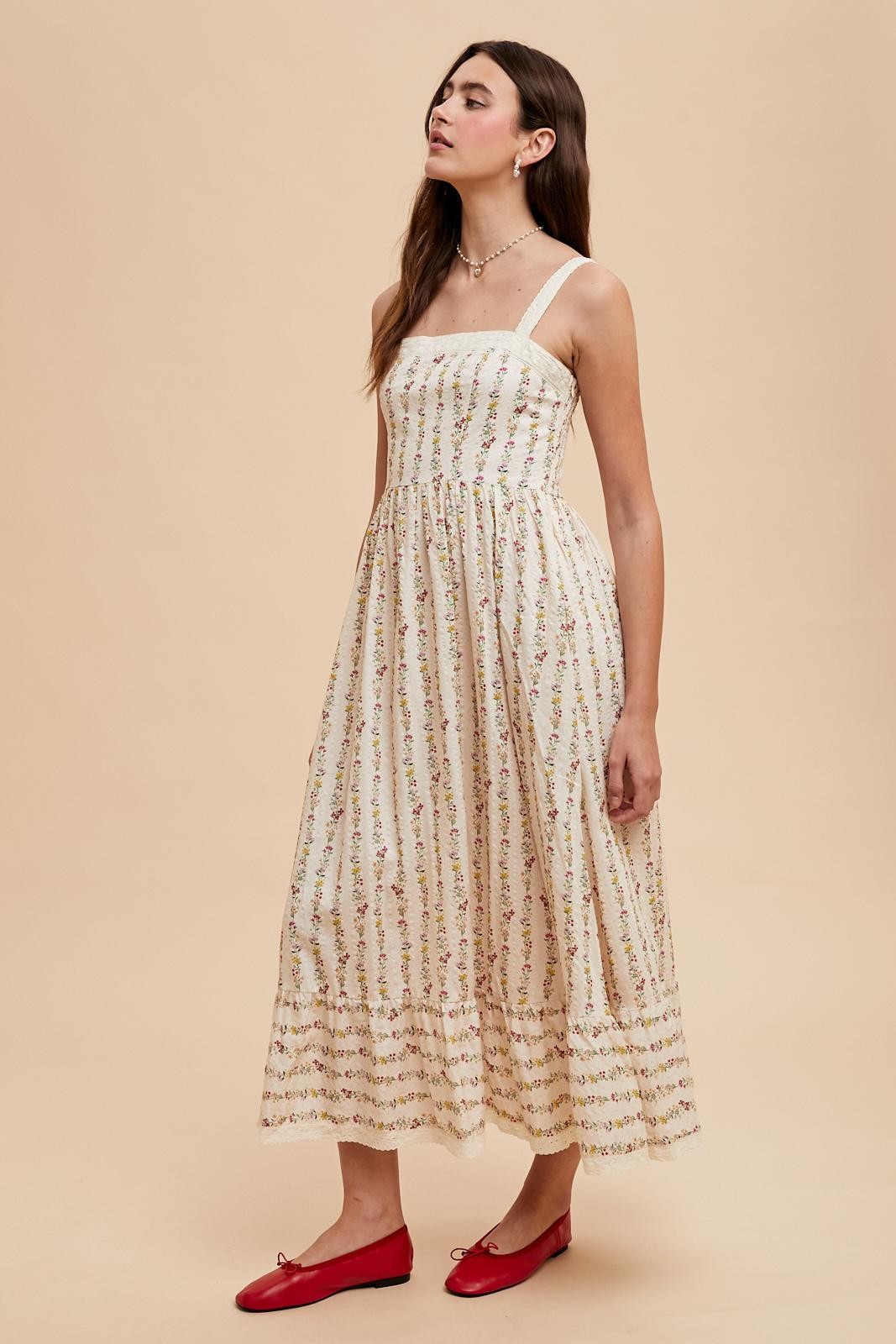 Cream Floral Textured Cotton Lace Trim Maxi Dress