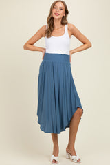 Blue Smocked Waist Rounded Hem Maternity Midi Skirt