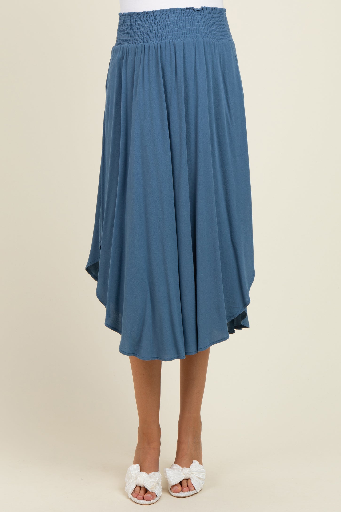 Blue Smocked Waist Rounded Hem Maternity Midi Skirt