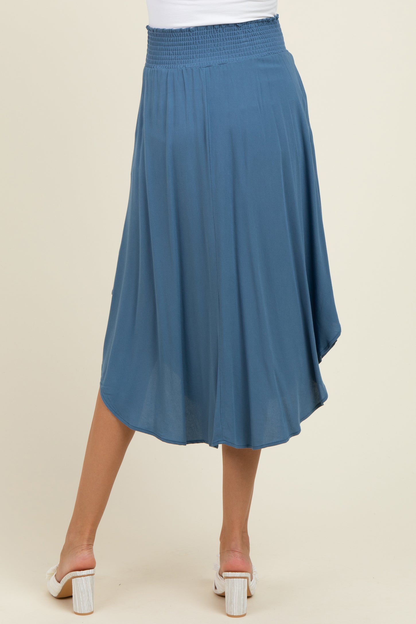 Blue Smocked Waist Rounded Hem Maternity Midi Skirt