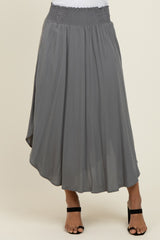 Charcoal Smocked Waist Rounded Hem Midi Skirt