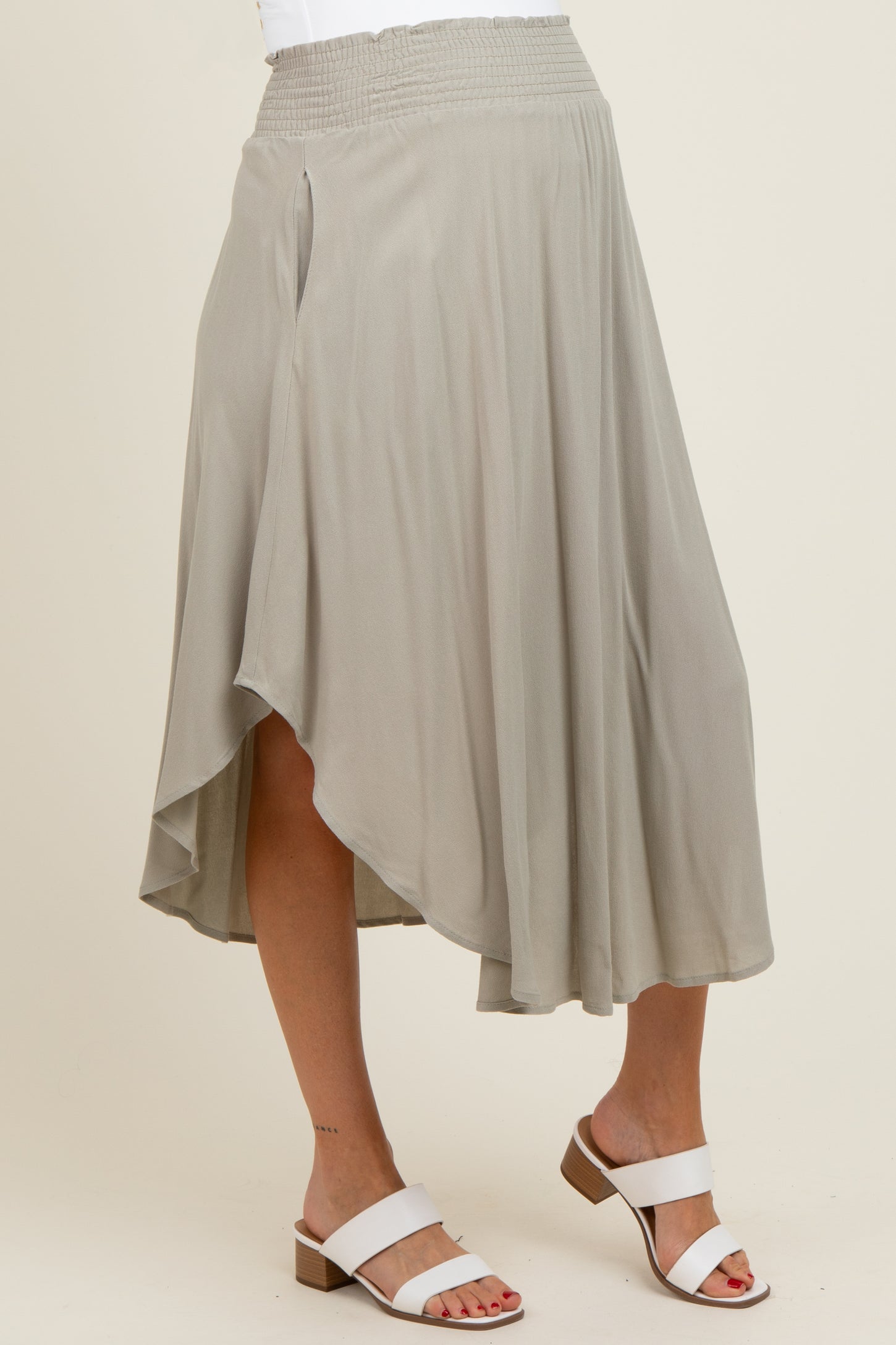 Light Olive Smocked Waist Rounded Hem Maternity Midi Skirt