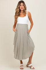 Light Olive Smocked Waist Rounded Hem Maternity Midi Skirt