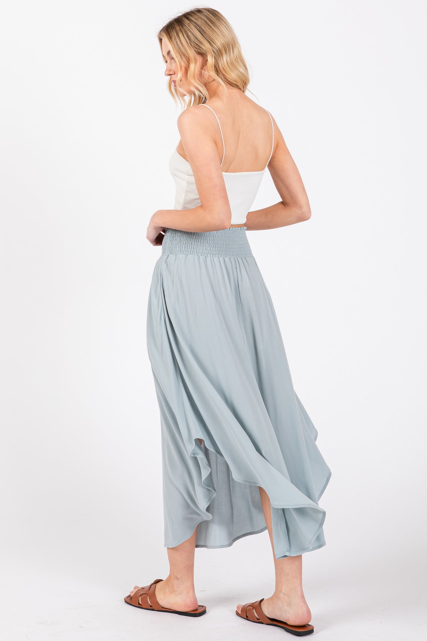 Light Blue Smocked Waist Rounded Hem Midi Skirt