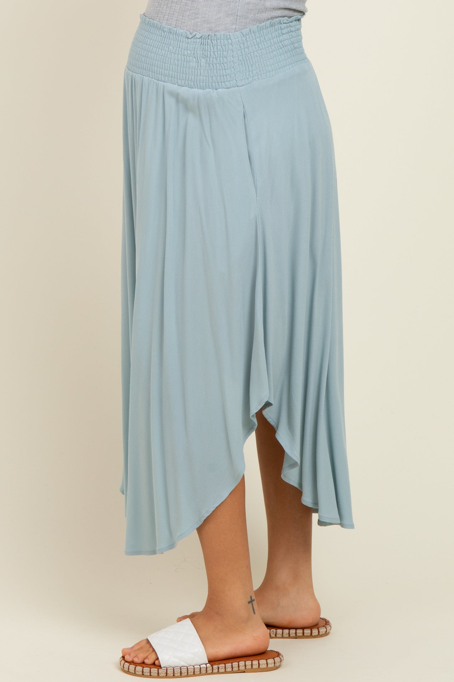Light Blue Smocked Waist Rounded Hem Maternity Midi Skirt