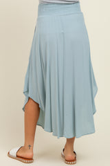 Light Blue Smocked Waist Rounded Hem Maternity Midi Skirt