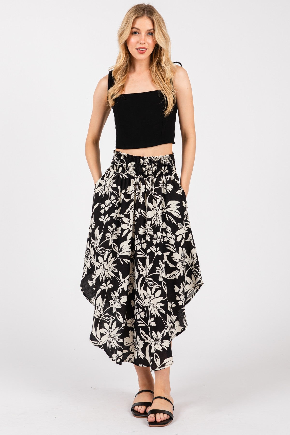 Black Floral Smocked Waistband Midi Skirt