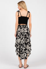 Black Floral Smocked Waistband Midi Skirt