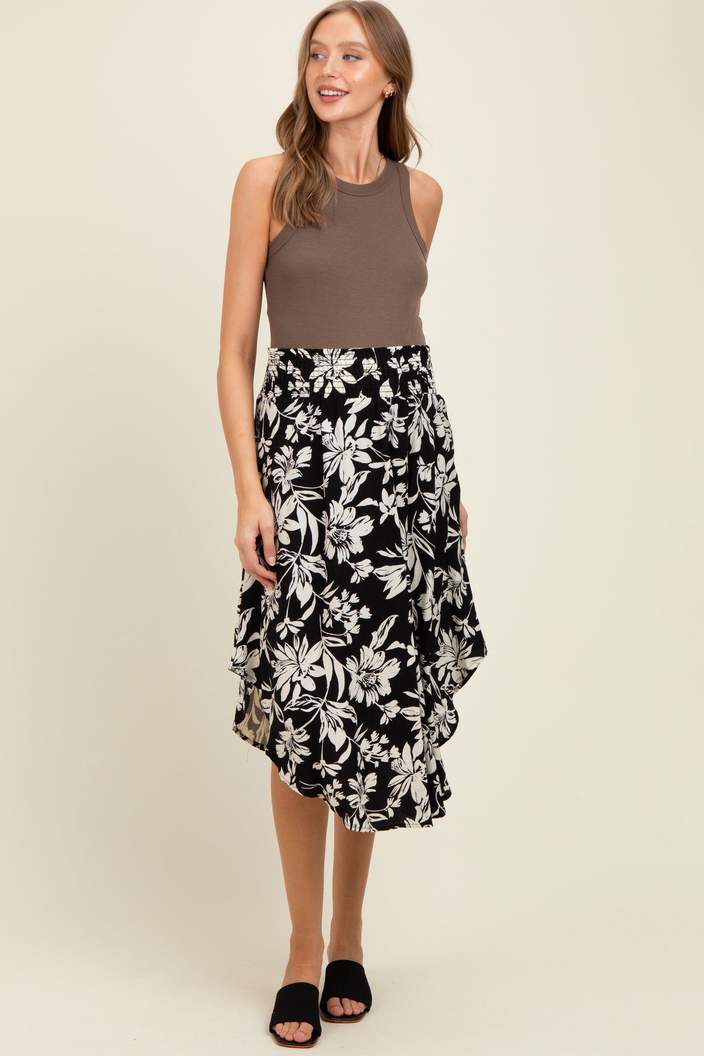 Black Floral Smocked Waistband Maternity Midi Skirt