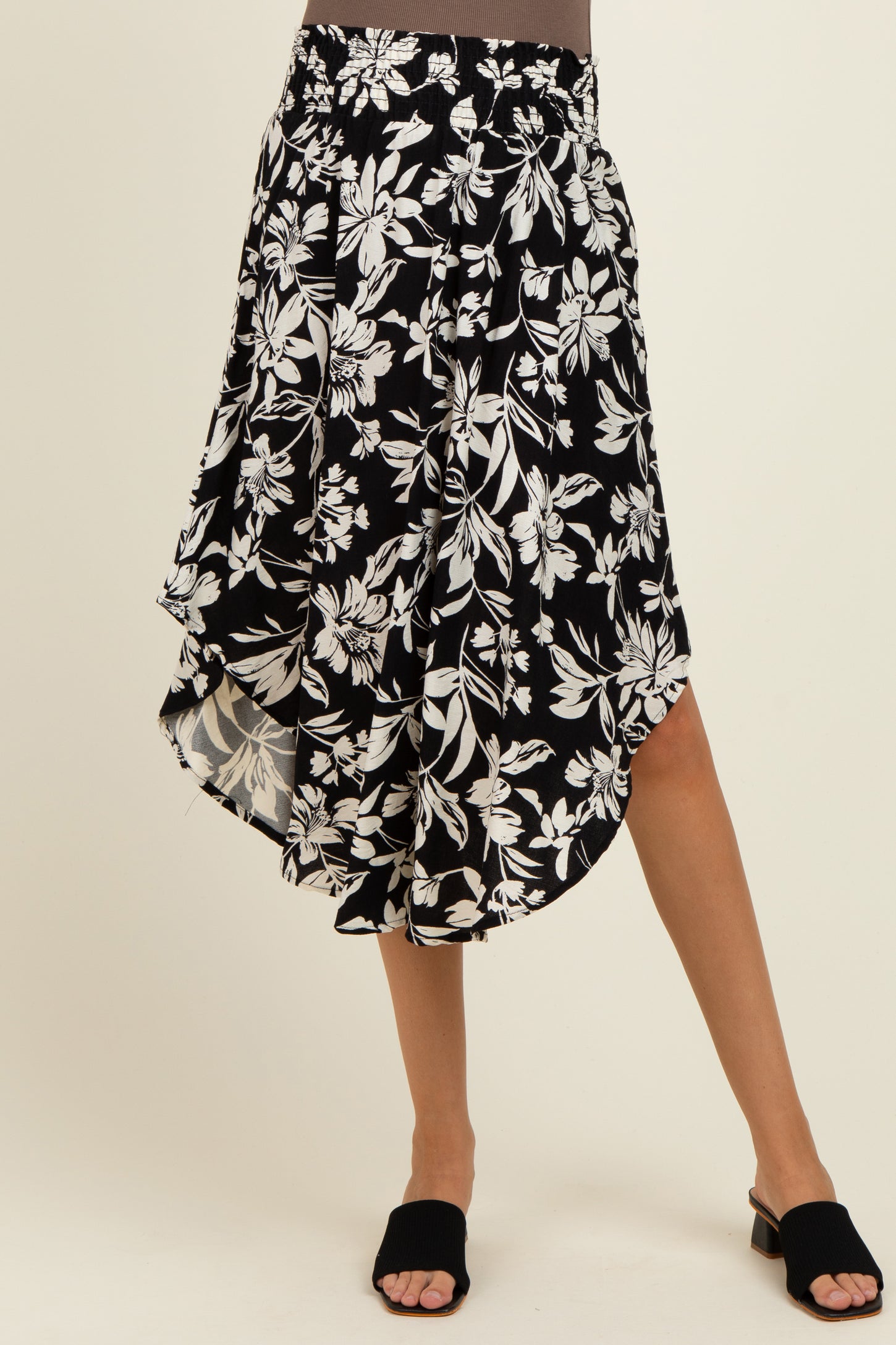 Black Floral Smocked Waistband Maternity Midi Skirt