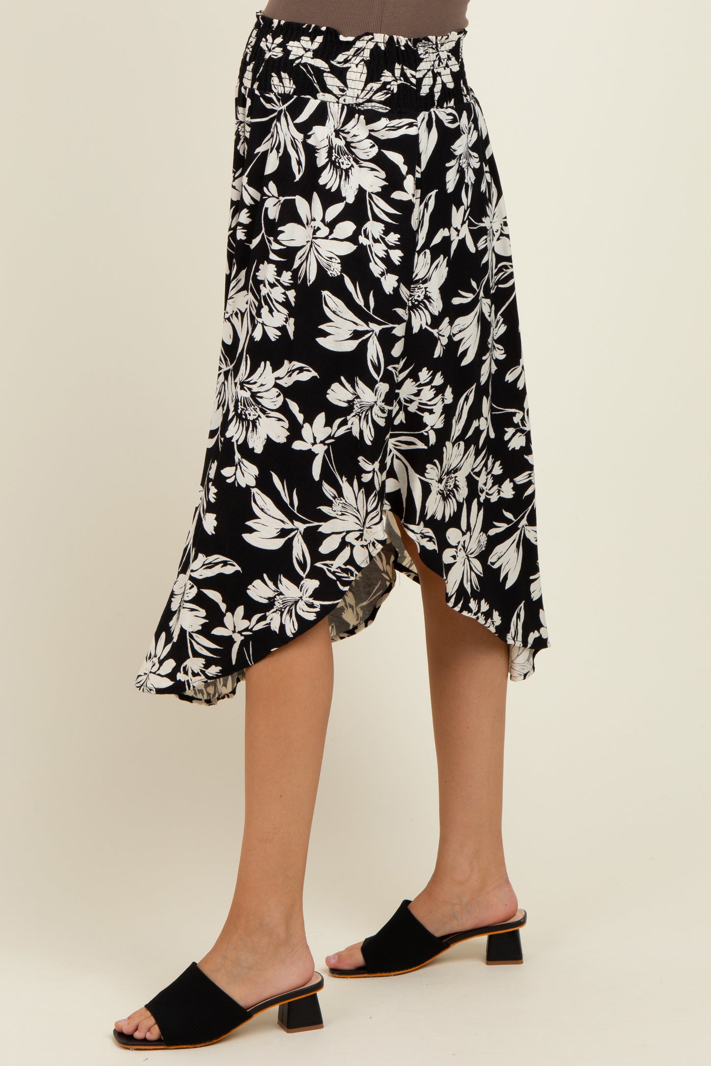 Black Floral Smocked Waistband Maternity Midi Skirt