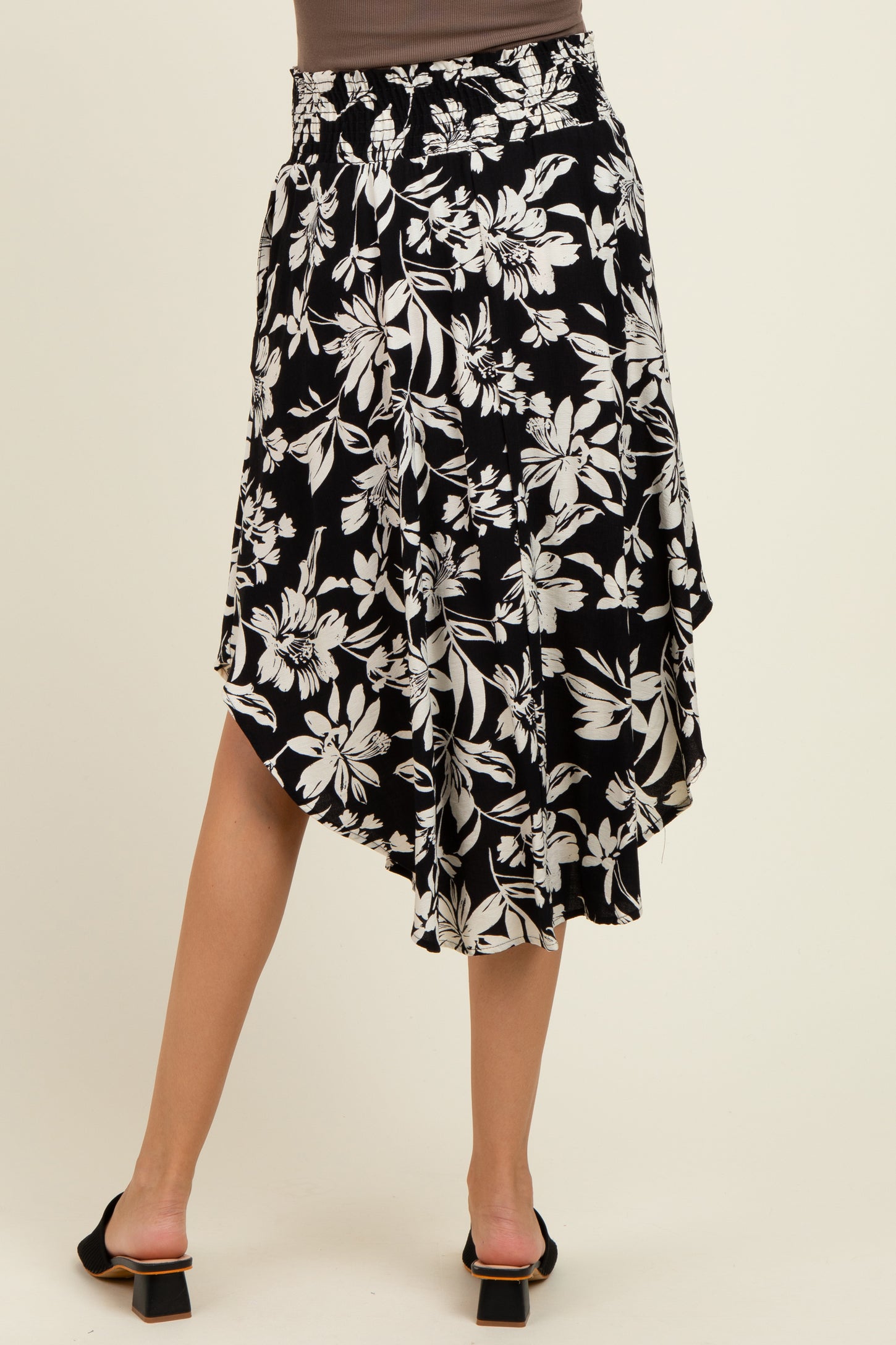 Black Floral Smocked Waistband Maternity Midi Skirt