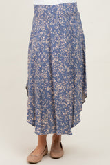 Blue Floral Smocked Waist Maternity Skirt